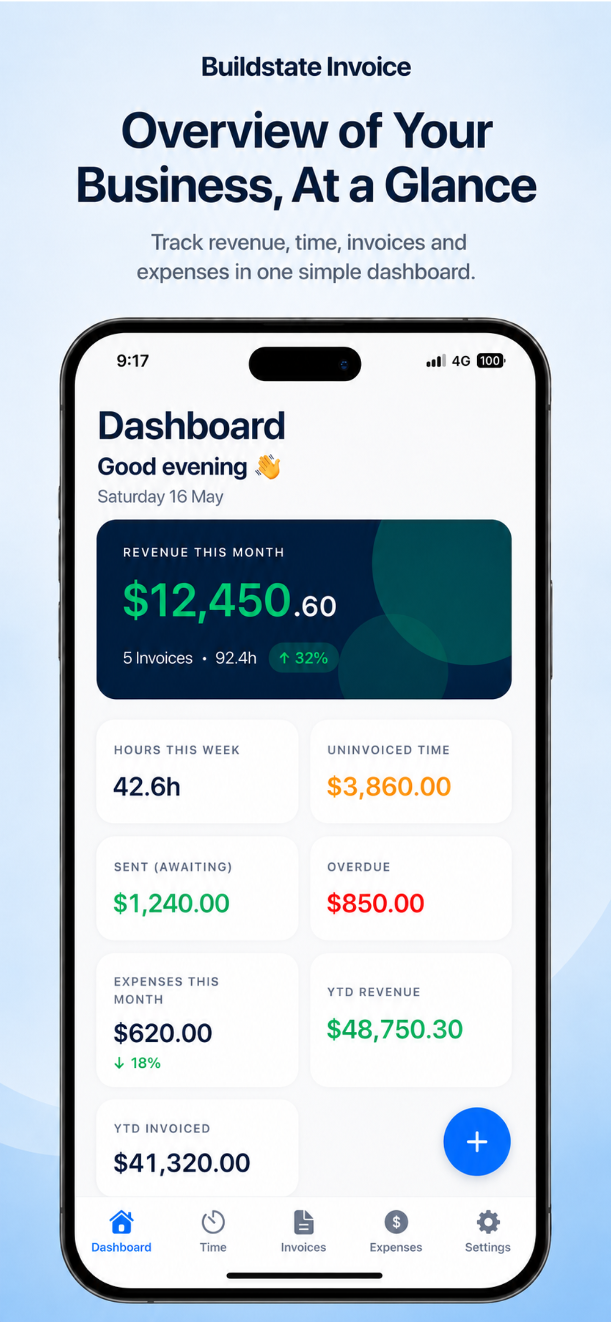 Buildstate Invoice dashboard screen showing hours, expenses, and invoice summary.