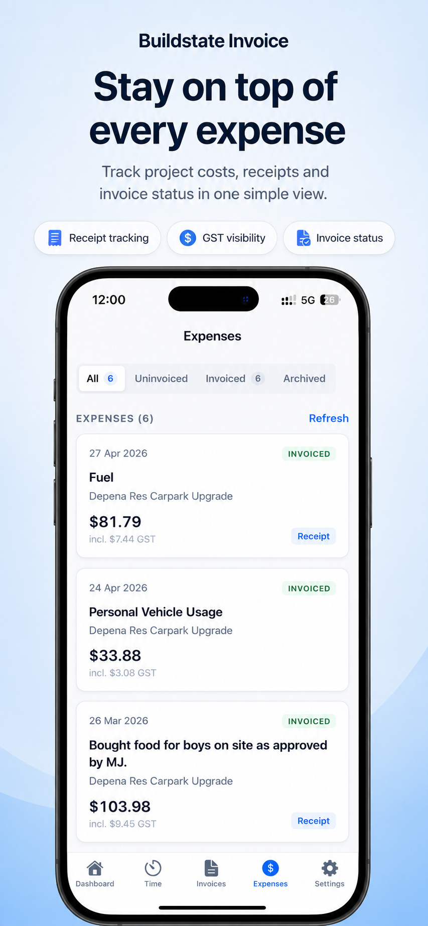 Buildstate Invoice expense entry screen with attached receipt photos.