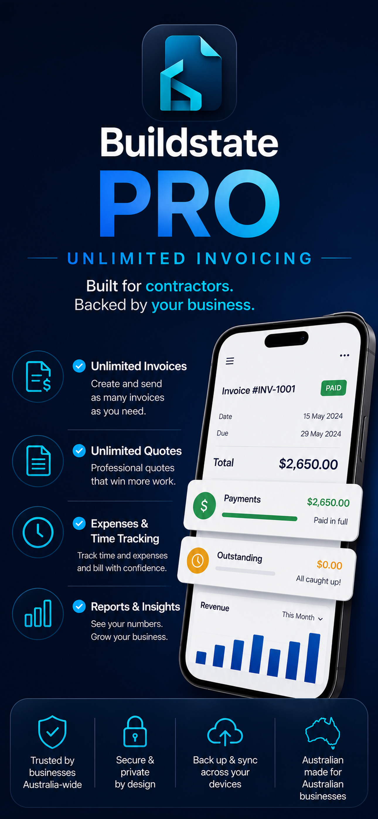 Buildstate Invoice mobile app hero screenshot.