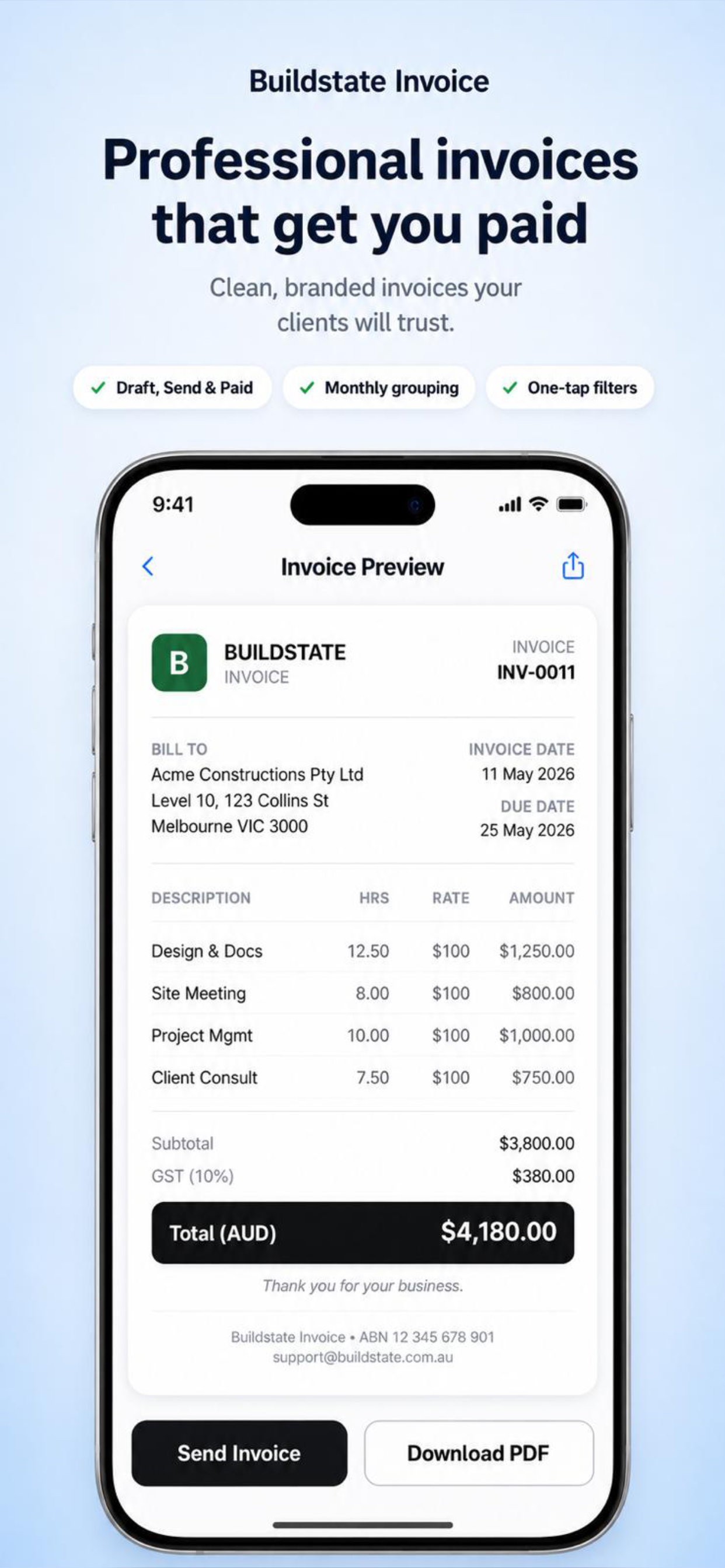 Buildstate Invoice generated PDF invoice preview ready to share with clients.