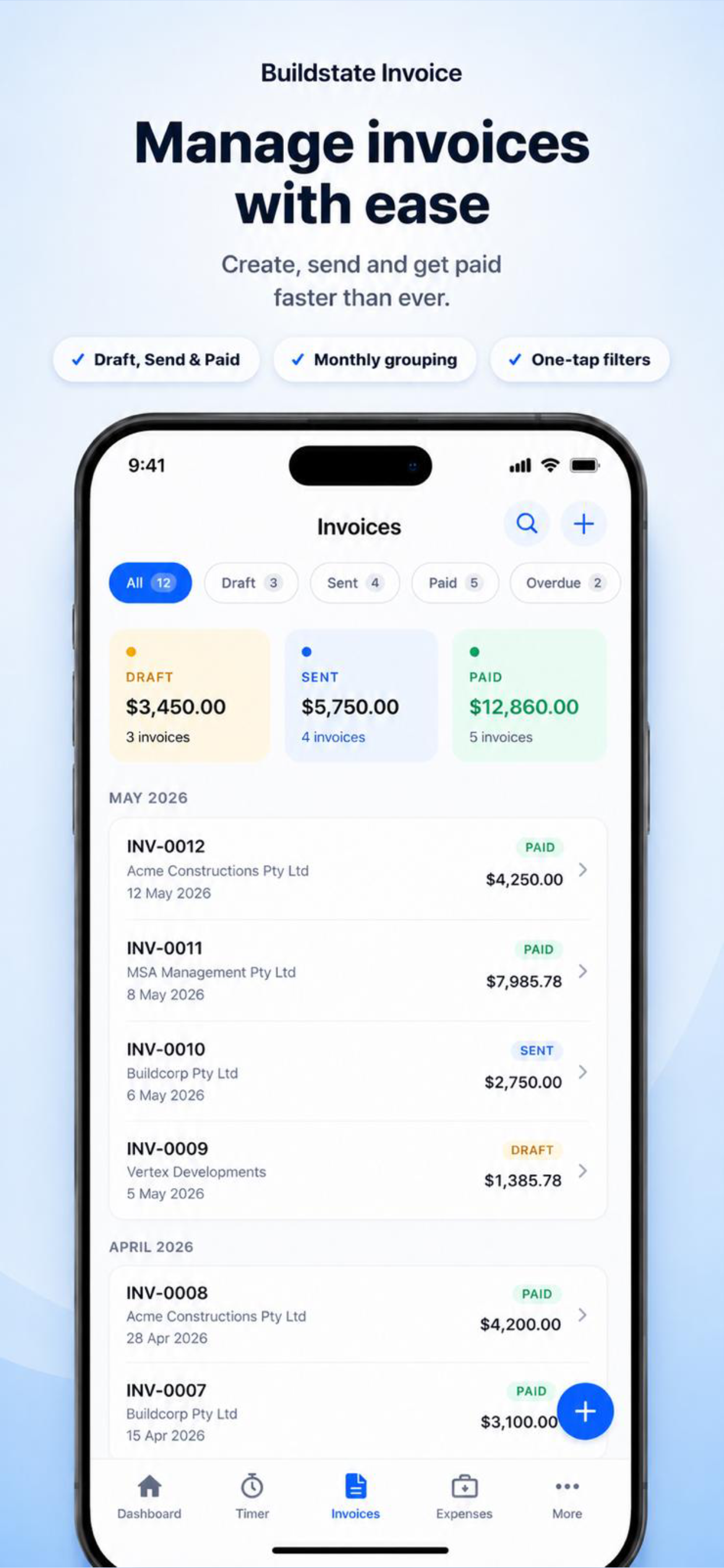 Buildstate Invoice list of professional invoices for contractors.