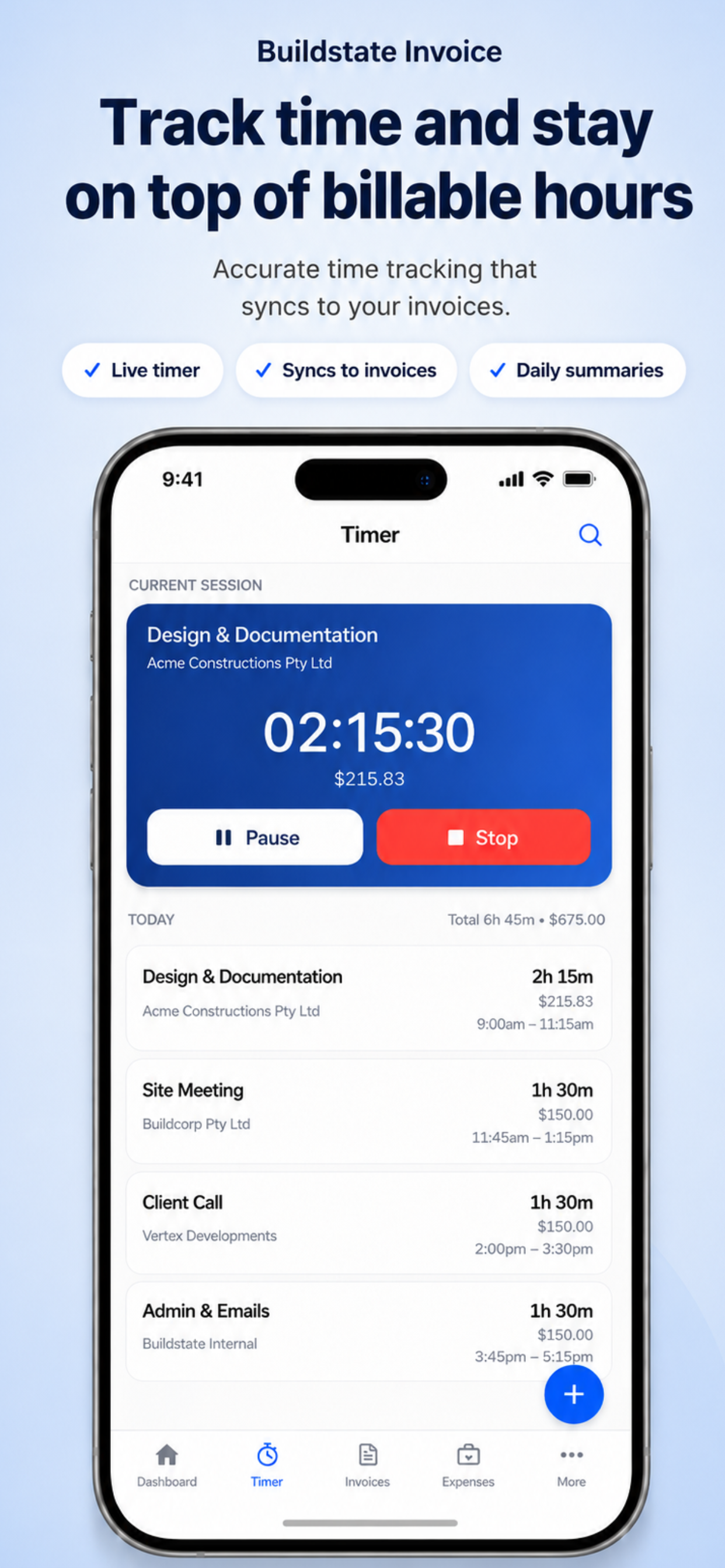 Buildstate Invoice timer screen for tracking billable site hours.