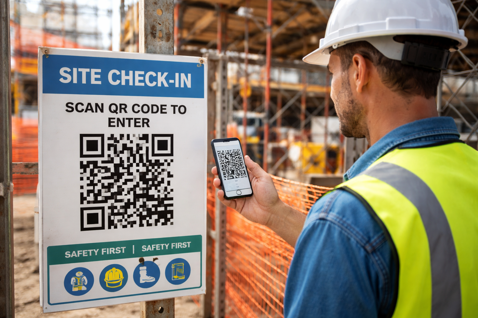 Civil construction supervisor running SiteSign QR attendance at a live project entry point.